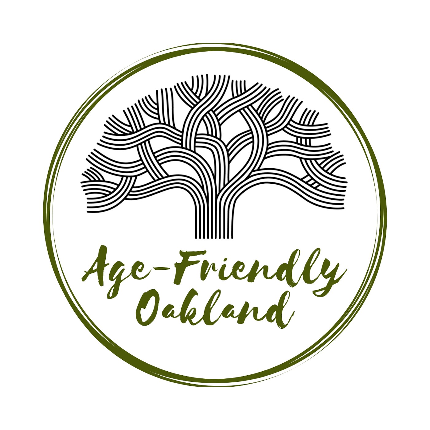 Oak tree with text age friendly Oakland