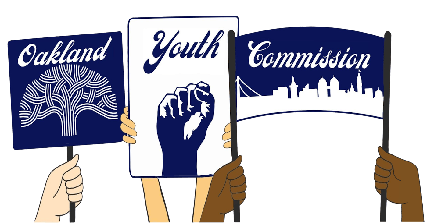 Three hands raising three flags with words Oakland Youth Commission in each flag respectively. First flag has Oakland tree logo, second flag has fist of power, and third flag has Oakland skyline.