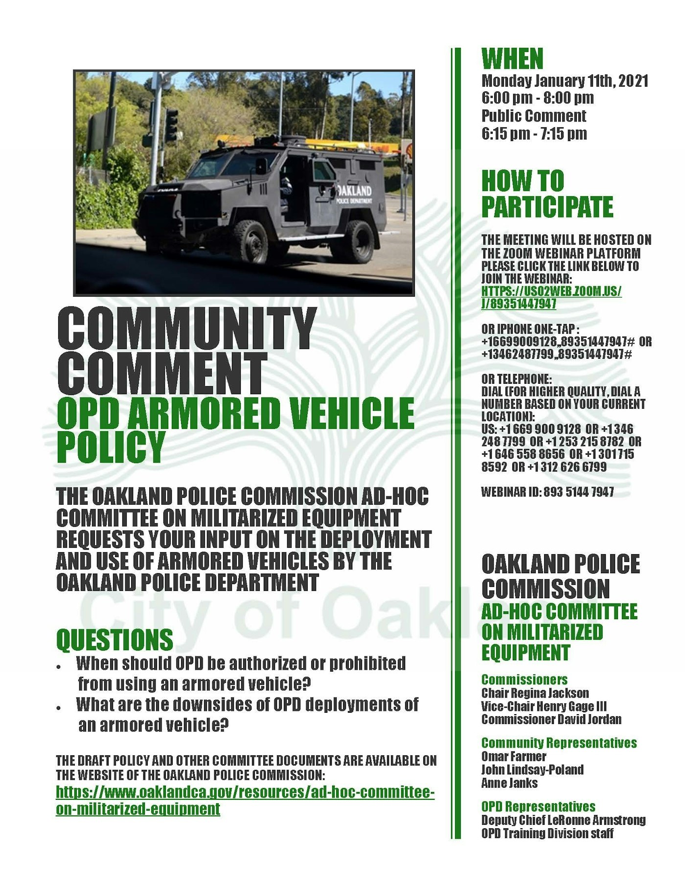 Militarized Equipment Ad Hoc Community Comment Meeting Flier