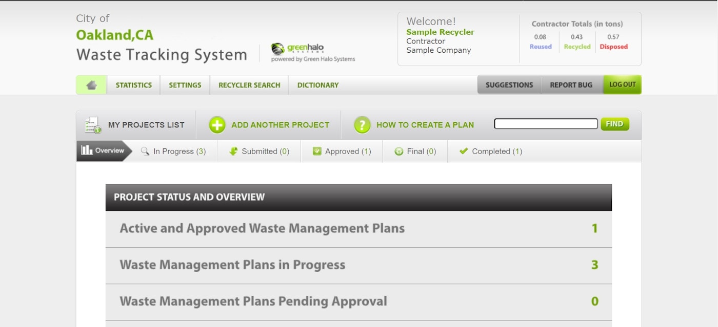 Image of the Dashboard page of the online Green Halo construction database tool.