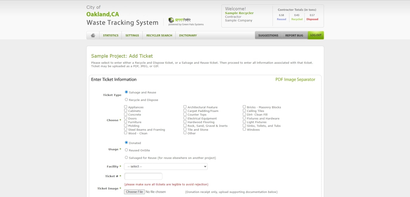 Image of the Ticket Upload page of the online Green Halo construction database tool.