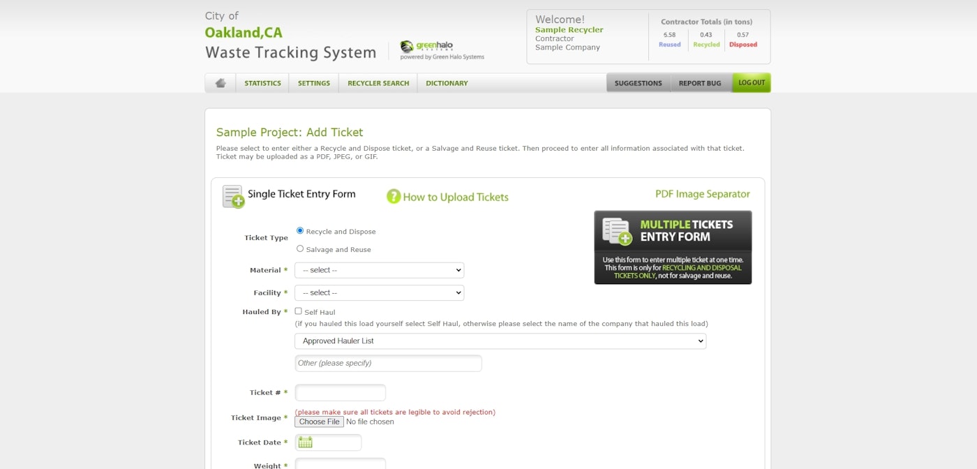 Image of the Ticket Upload page of the online Green Halo construction database tool.