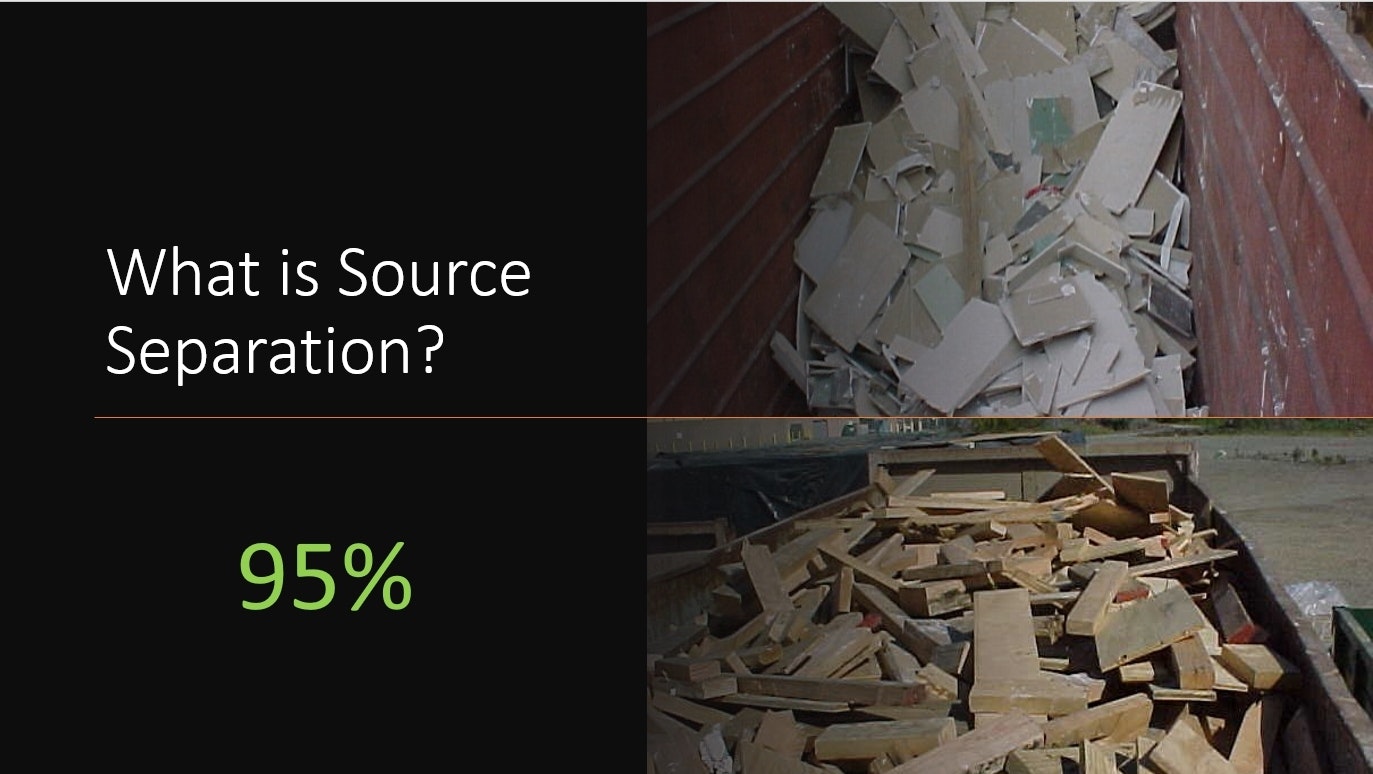 Image of clean drywall piled in its own separate bin, and of clean lumber and wood, piled in its own bin.