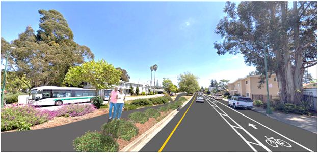 A rendering of the Bancroft Avenue Greenway, with a walking and biking path running down the central median.