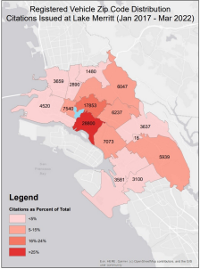 Registered Vehicle Zip Code Distribution Citations Issued at Lake Merritt (January 2017 through March 2022)