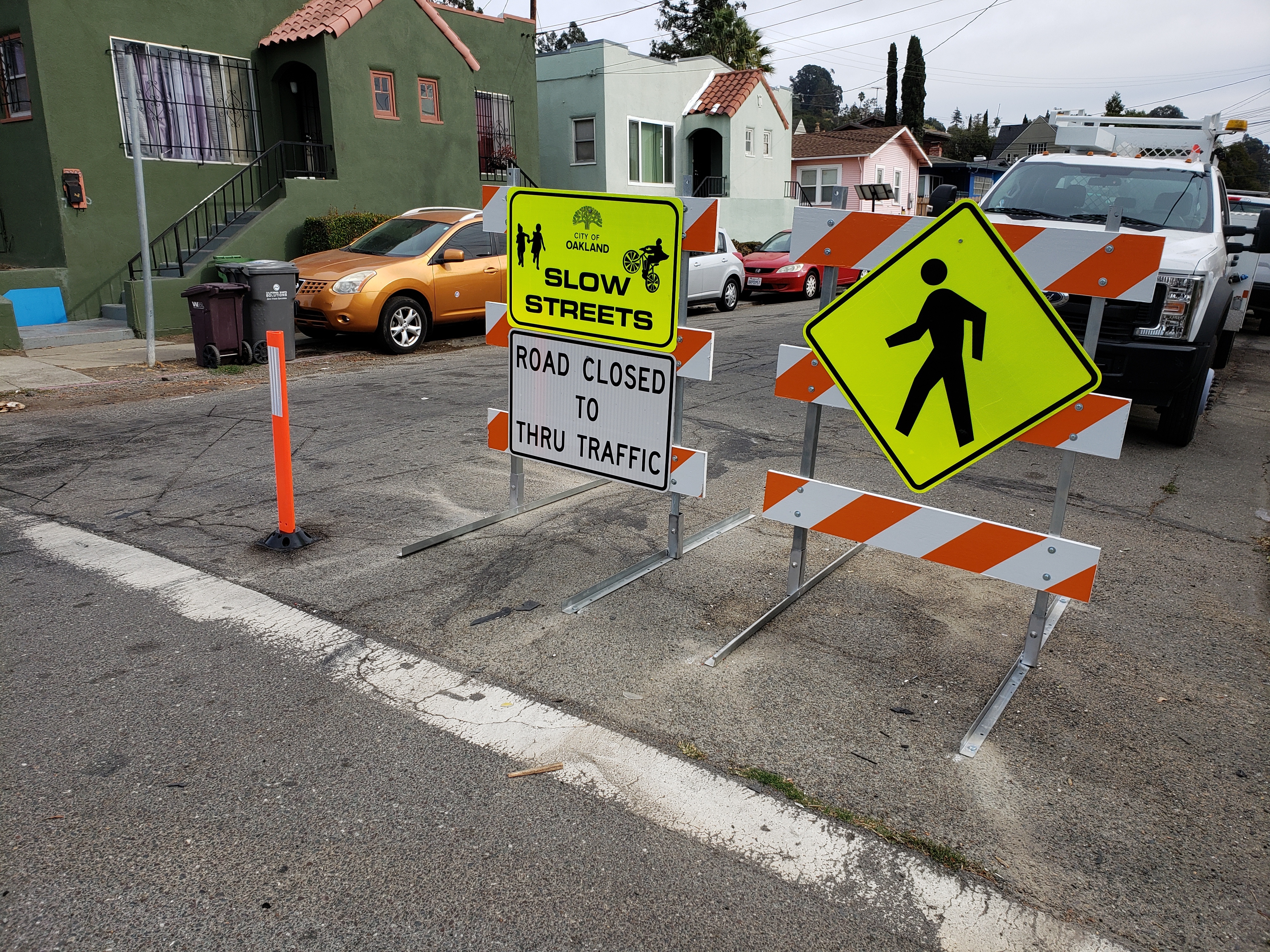 An image showing the Slow Streets soft closure barricades, used between April, 2020 and February, 2022